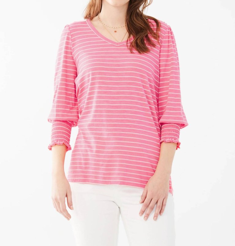 V-Neck Smocked Cuff Top In Flamingo Stripe - Flamingo Stripe