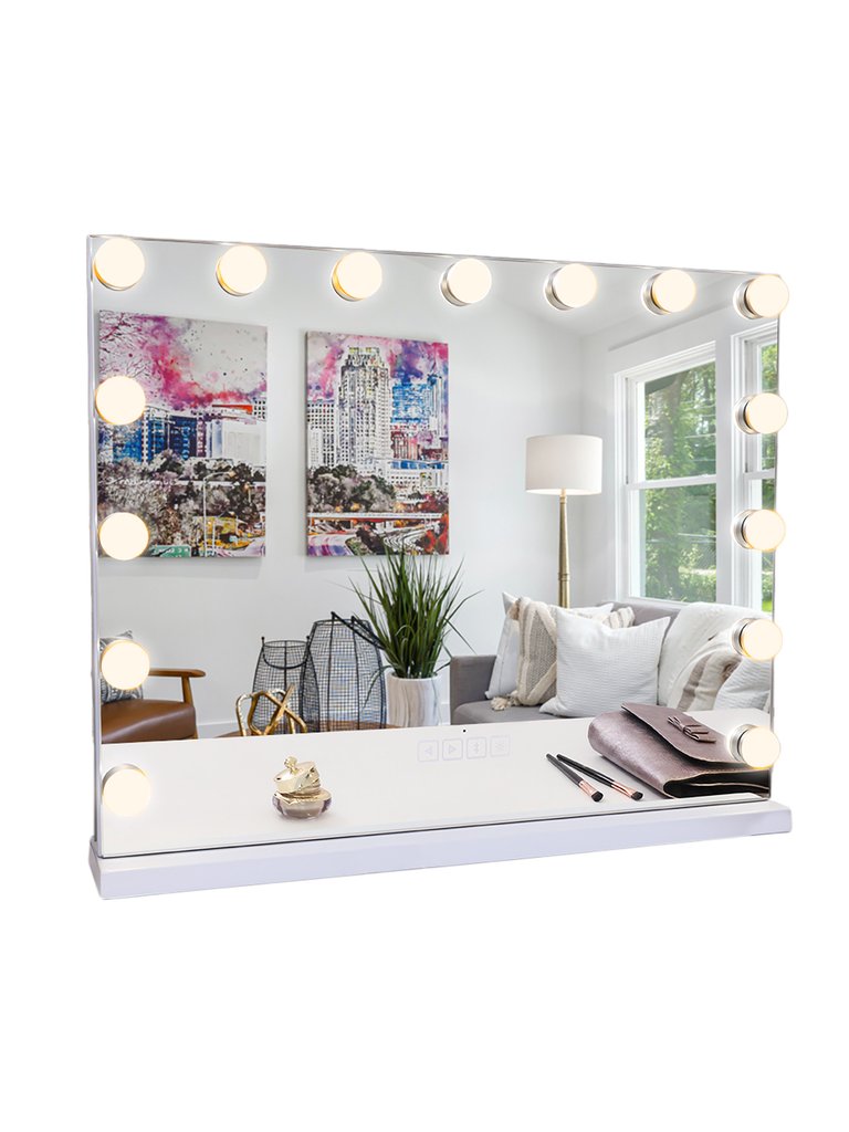 Large Hollywood Vanity Mirror With Lights Bluetooth Tabletop Wall Mount Metal White - White