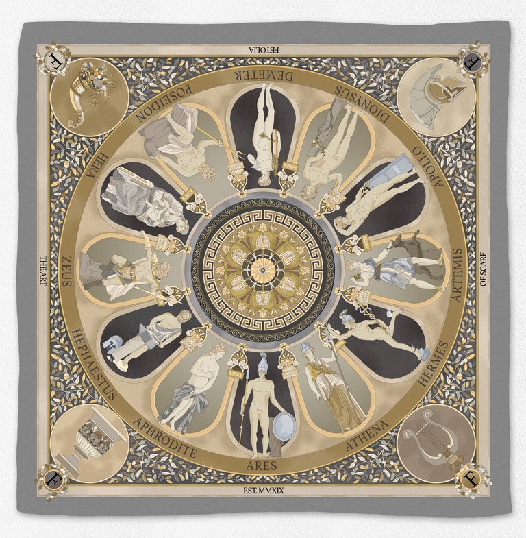 The Olympian Gods Silk Scarf - Grey / Beige