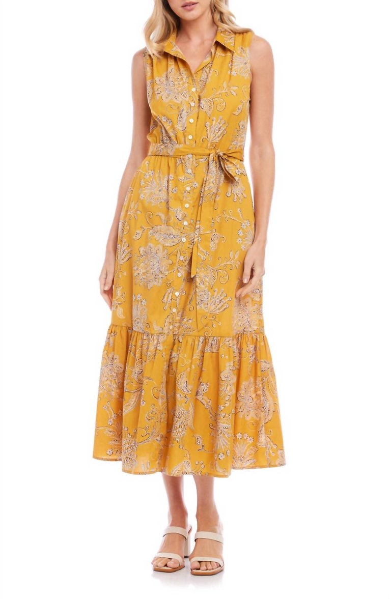 Floral Belted Tiered Maxi Dress In Print Yellow - Print Yellow