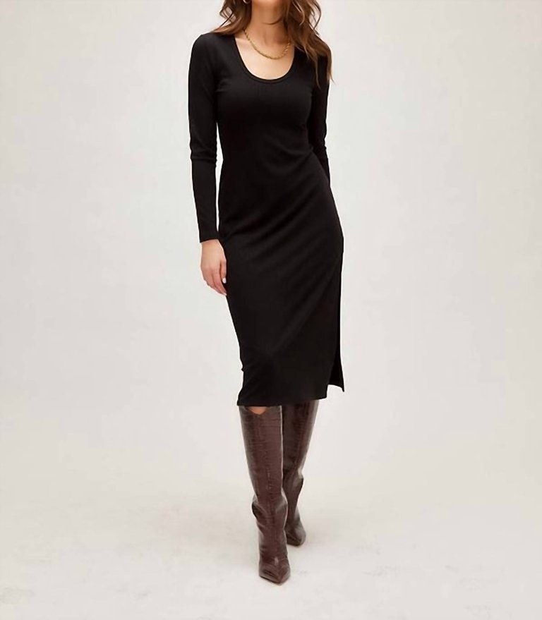 Long Sleeve Scoop Neck Dress In Black - Black