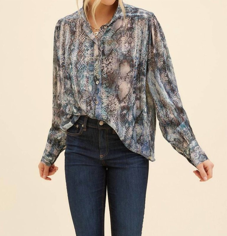 Shirred Blouse In Blue Snake Print - Blue Snake Print