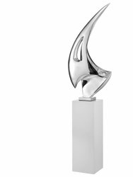 Chrome Sail Floor Sculpture With White Stand, 70" Tall - Chrome Sculpture and White Stand