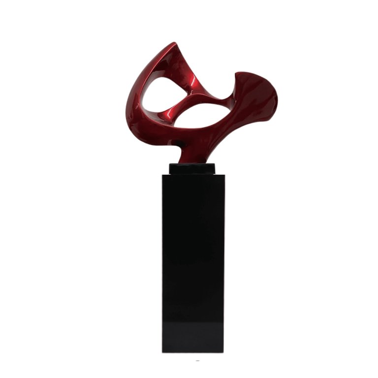 Metallic Red Abstract Mask Floor Sculpture With Black Stand, 54" Tall