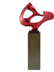 Metallic Red Abstract Mask Floor Sculpture With Gray Stand, 54" Tall