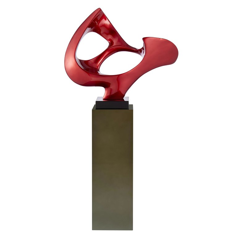 Metallic Red Abstract Mask Floor Sculpture With Gray Stand, 54" Tall