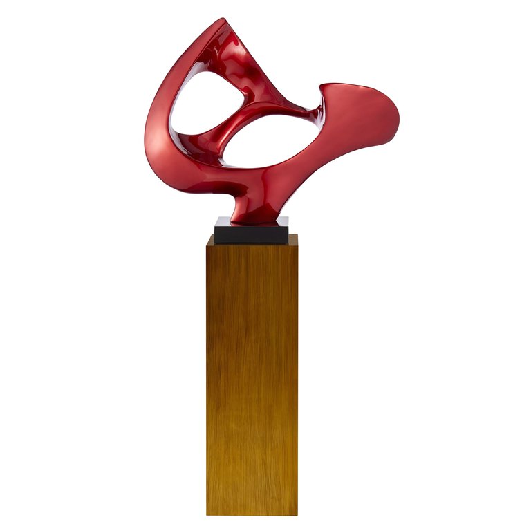 Metallic Red Abstract Mask Floor Sculpture With Wood Stand, 54" Tall