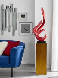 Red Flame Floor Sculpture With Wood Stand, 65" Tall