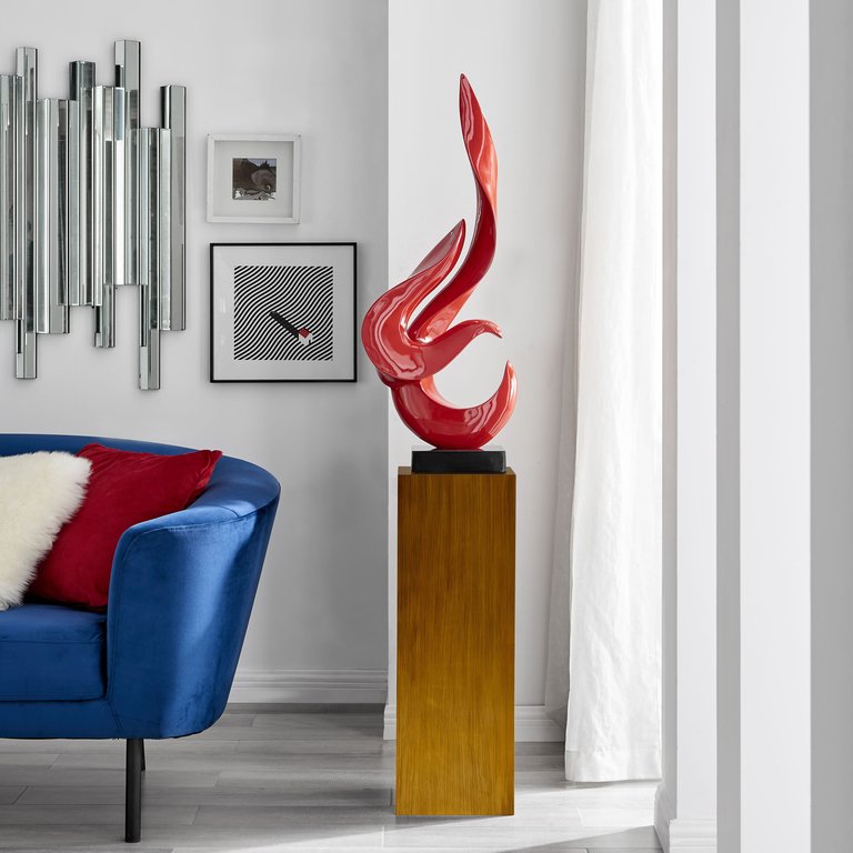 Red Flame Floor Sculpture With Wood Stand, 65" Tall