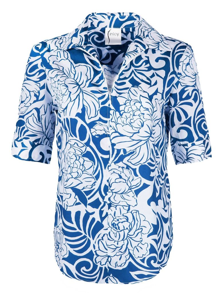 Chrysanthemum Print Endora Shirt In White/blue - White/Blue