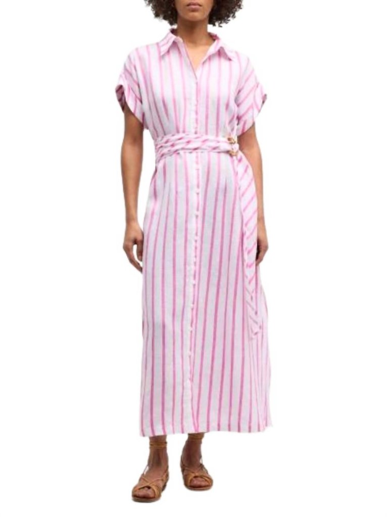 Stripe Smithy Sash Waist Shirt Dress In White/pink - White/Pink