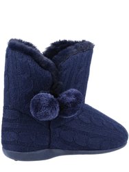 Womens/Ladies Apple Pom Pom Slippers - Navy