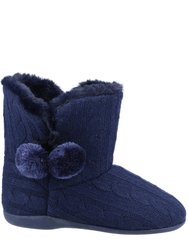 Womens/Ladies Apple Pom Pom Slippers - Navy