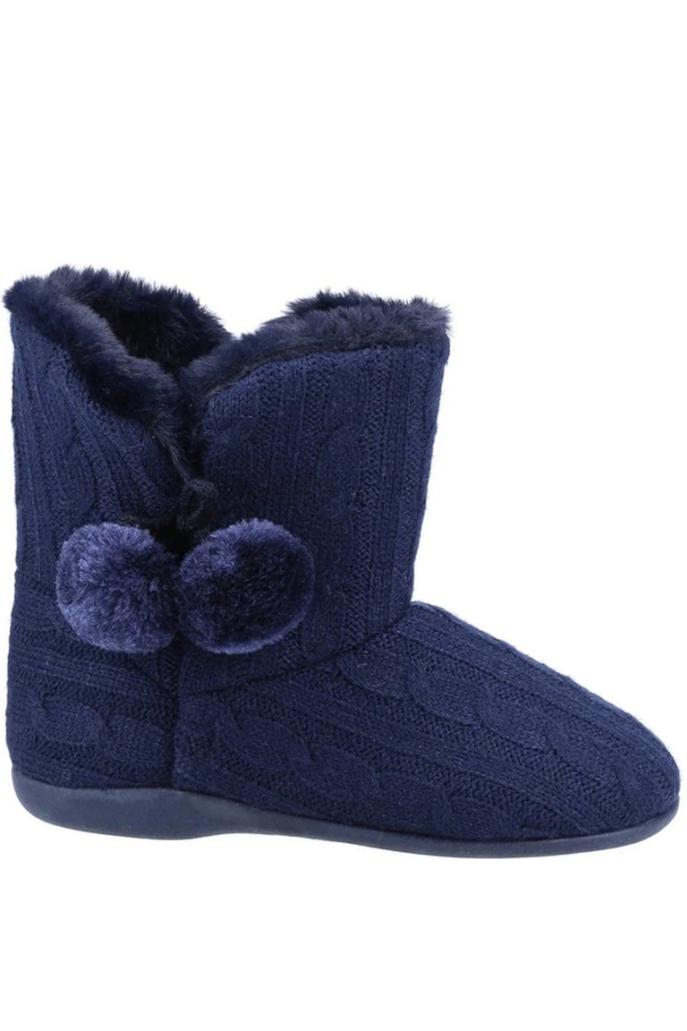 Womens/Ladies Apple Pom Pom Slippers - Navy