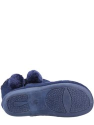 Womens/Ladies Apple Pom Pom Slippers - Navy