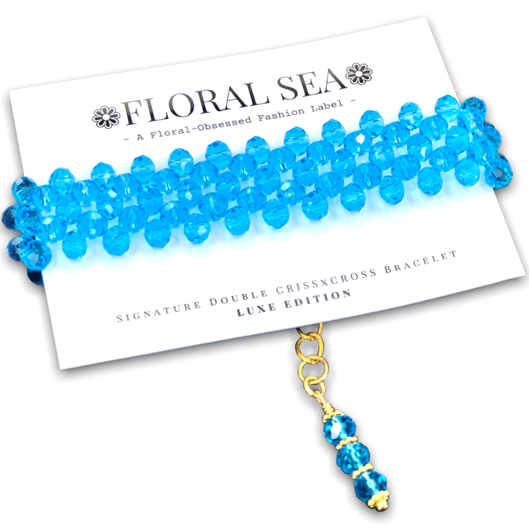 Signature Double CRISSxCROSS™ Bracelet In Bubbly Gerbera Daisies - Luxe Edition - Bright Blue