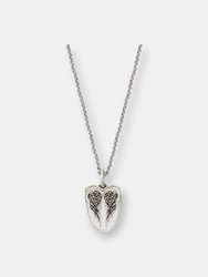 Angel Wing Enamel Shield Necklace - Sterling Silver - Oxidized Silver Finish