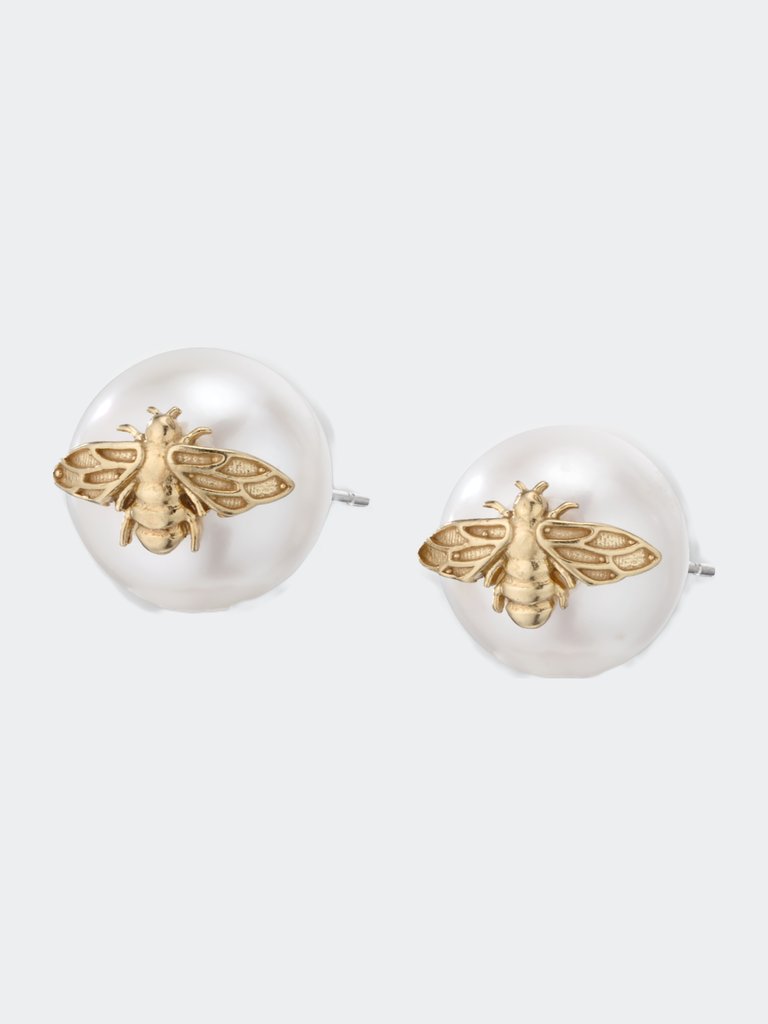 Bee Pearl Stud Earrings - 14k Gold Finish