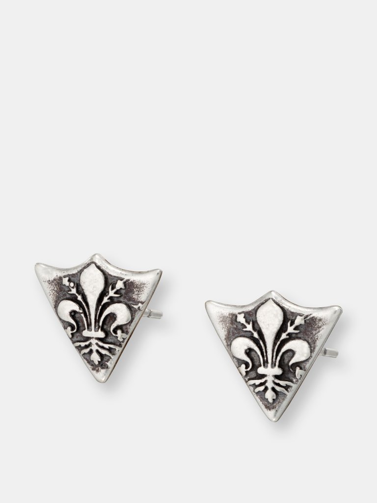 Fleur De Lis Shield Stud Earrings - Oxidized