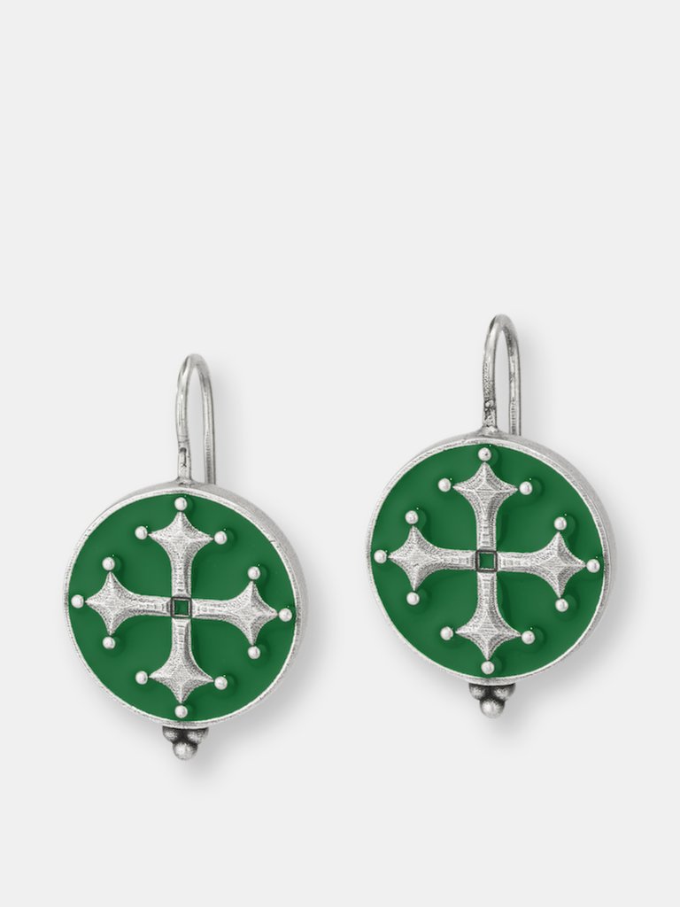 Maltese Cross Enamel Medallion Earrings - Oxidized Silver