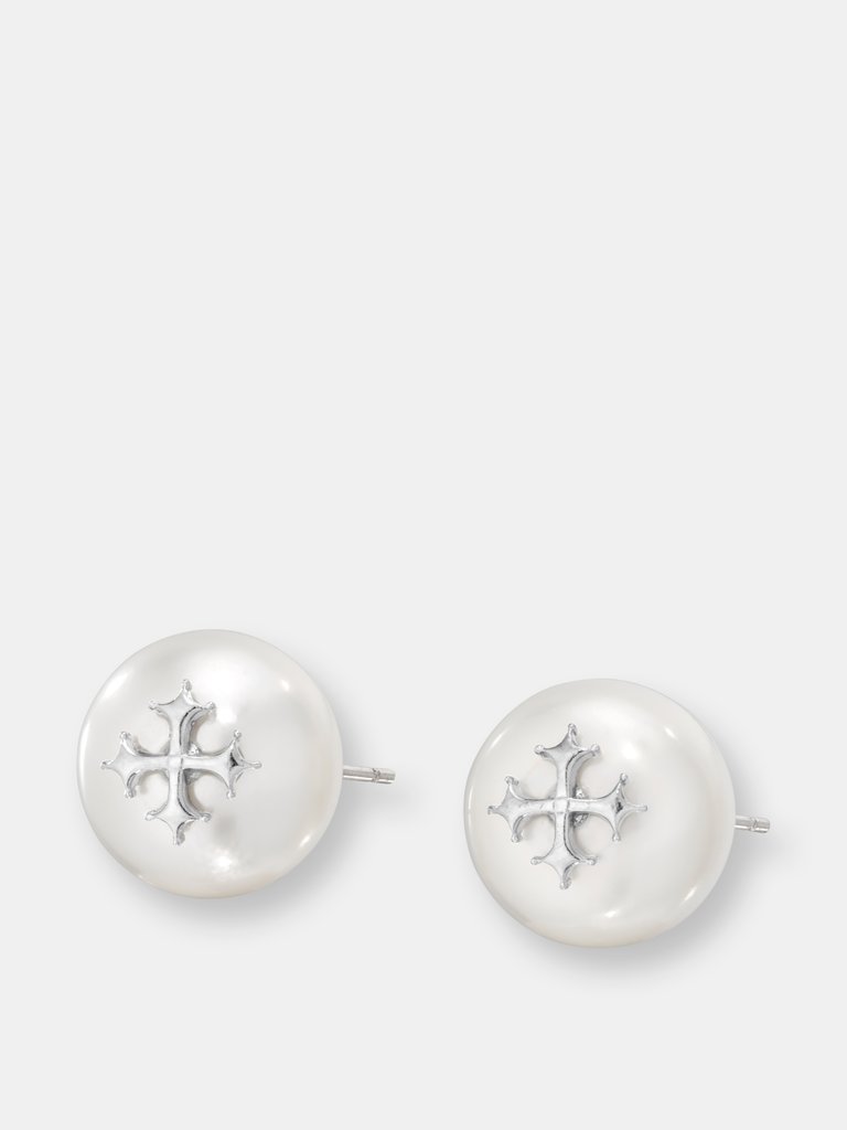 Maltese Cross Pearl Stud Earrings - Sterling Silver - Rhodium Finish