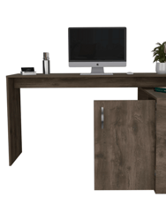 Antlia L-Shaped Writing Desk, Two Shelves, Single Door Cabinet