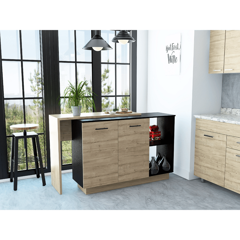 Aspen Kitchen Island, Two Concealed Shelves, One Drawer , Three Divisions - Black Wengue - Light Oak