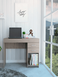 Austin Writing Computer Desk, Two Drawers, Open Cabinet - Light Gray
