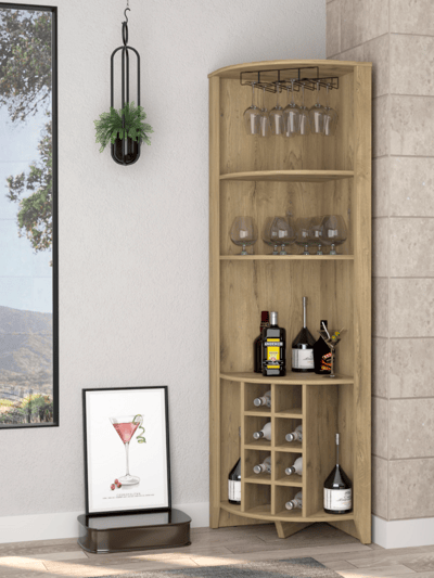 FM Furniture Bouvet Corner Bar Cabinet, Three Shelves, Eight Wine Cubbies, Two Side Shelves product