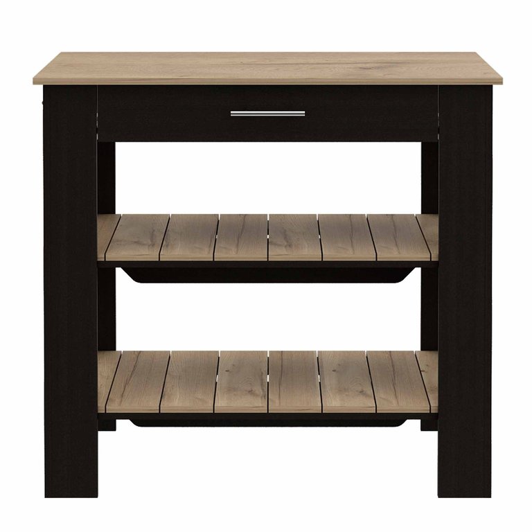 Brooklyn 50 Kitchen Island, Two Shelves, One Drawer - Black - Light Oak