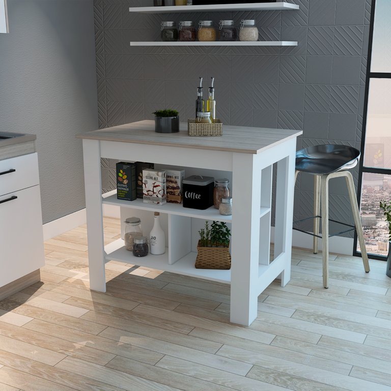 Brooklyn Antibacterial Surface Kitchen Island, Three Concealed Shelves - White / Light Gray