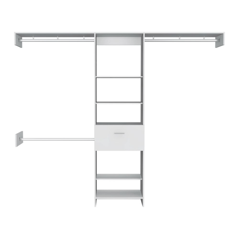 Cross Closet System, One Drawer, Three Metal Rod, Five Open Shelves