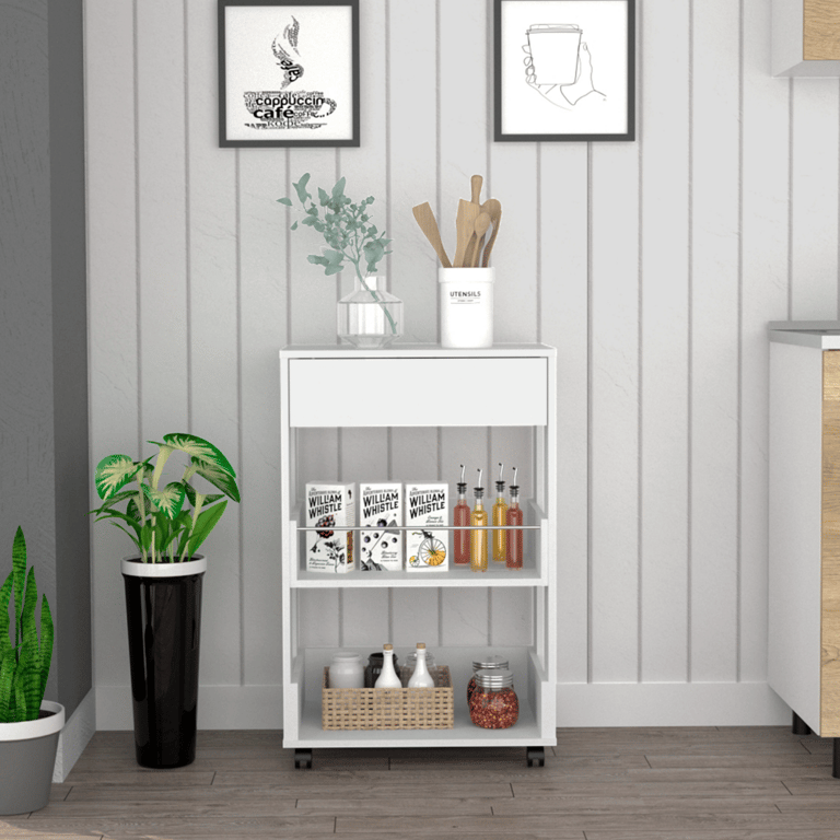 Dundee Kitchen Cart, One Drawer, Two Open Shelves - White