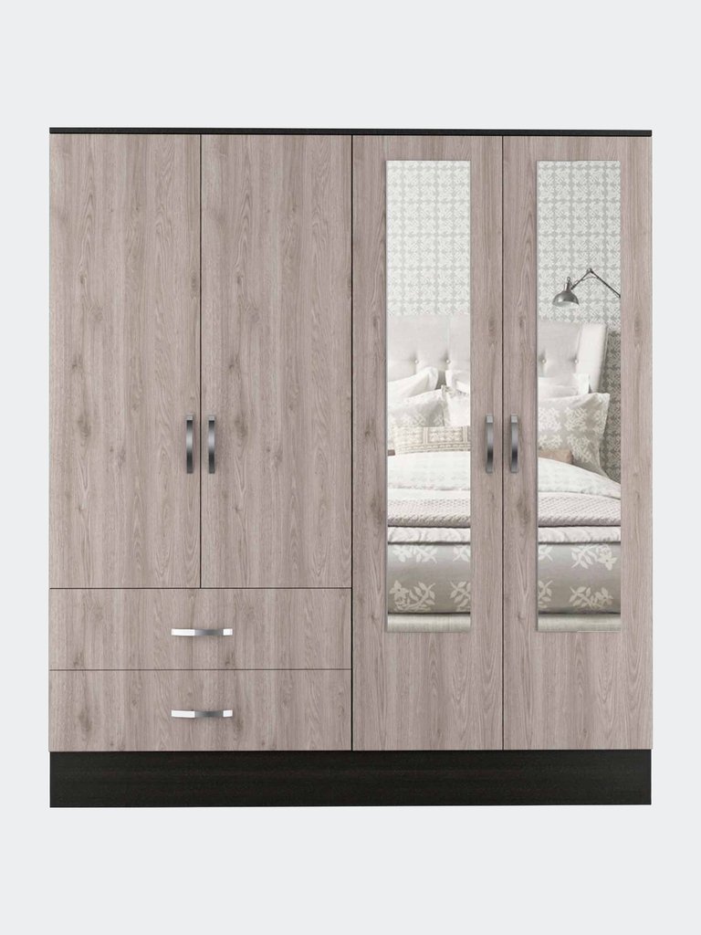 Florencia L Mirrored Armoire, Two Cabinets With Divisions, Two Drawers - Black Wengue - Light Grey