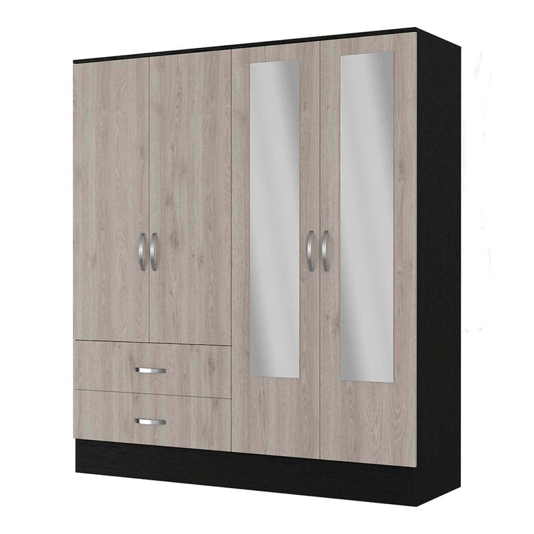 Florencia L Mirrored Armoire, Two Cabinets With Divisions, Two Drawers - Black Wengue - Light Grey