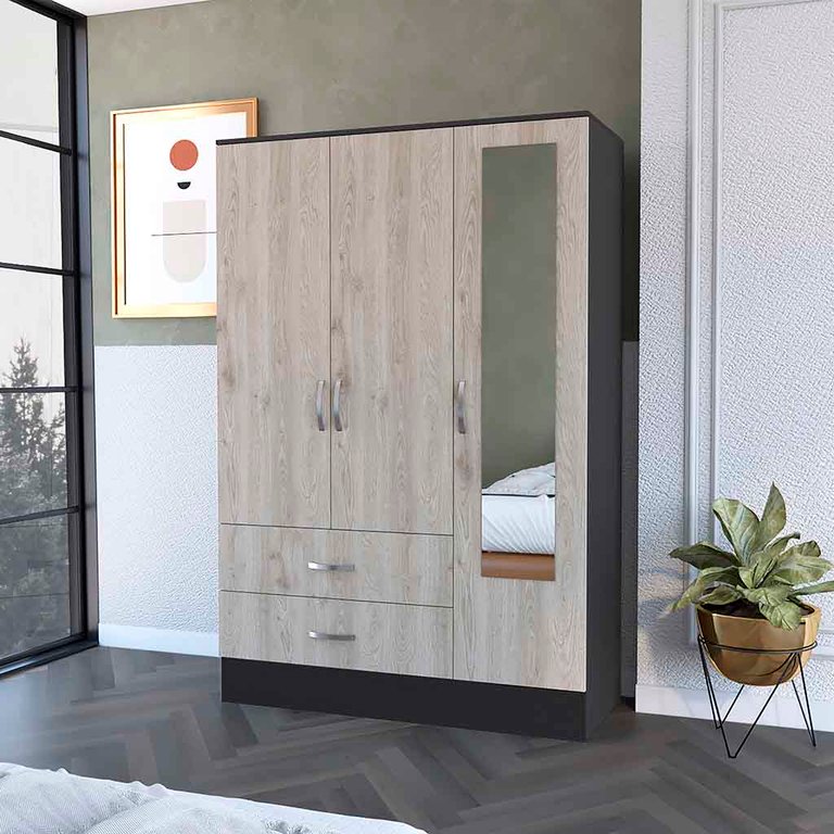 Florencia S Mirrored Armoire, Two Cabinets With Divisions, Two Drawers - Black Wengue - Light Oak