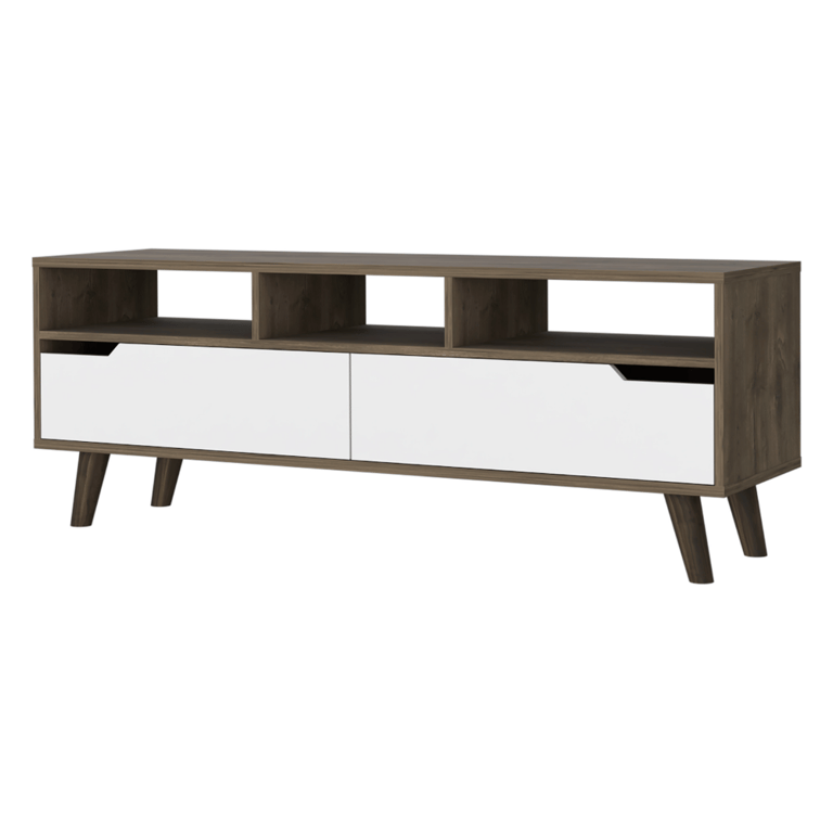 Hamburg TV Stand For TV's Up 52", Four Legs, Three Open Shelves, Two Drawers - Dark Walnut/White