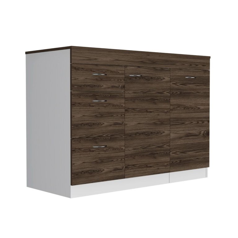 Joliet Kitchen Base Cabinet, Three Drawers, Two Interior Shelves, One Flexible Cabinet - White / Dark Walnut