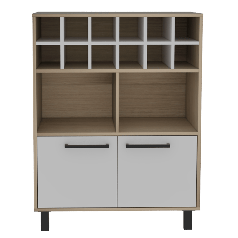 Kaia Bar Cabinet, Twelve Wine Cubbies, Double Door Cabinet - White/Light Pine