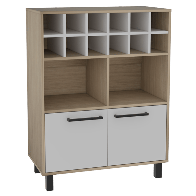 Kaia Bar Cabinet, Twelve Wine Cubbies, Double Door Cabinet - White/Light Pine