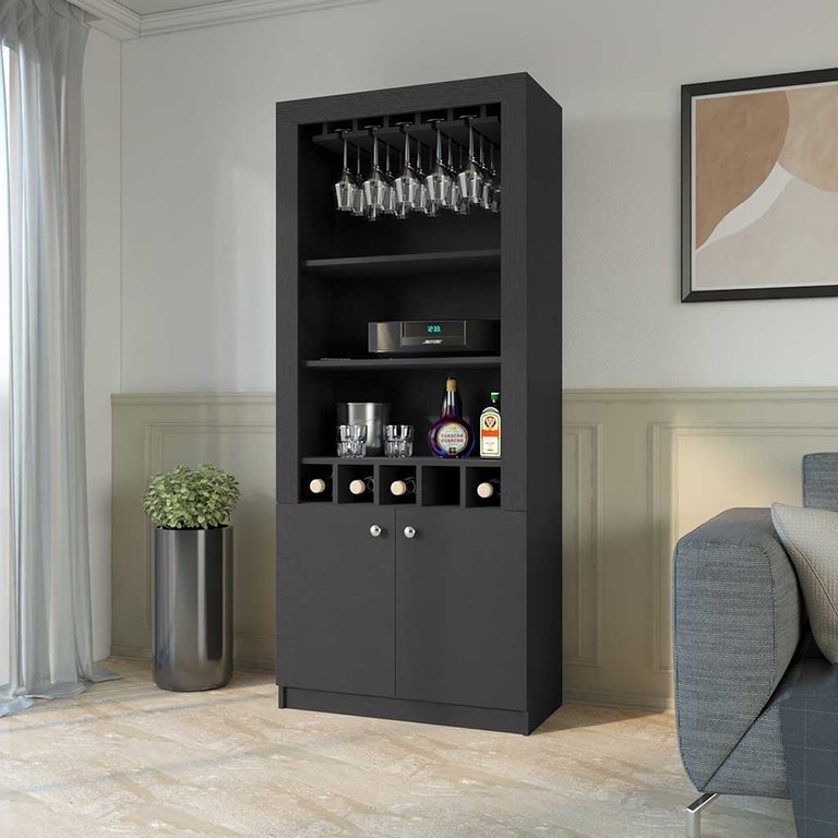 New York  Bar Cabinet, Five Bottle Cubbies, Two Open Shelves - Black