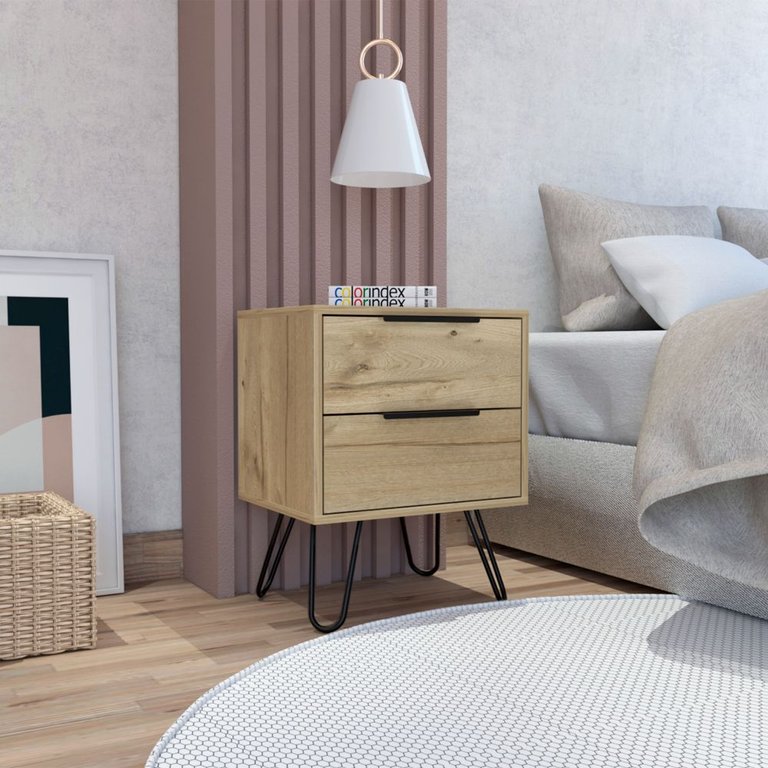 Nuvo Nightstand, Two Drawers, Hairpin Legs - Light Oak