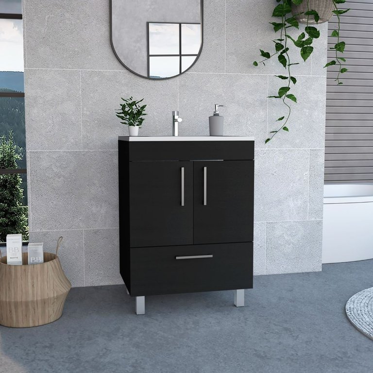 Othello Single Bathroom Vanity, Double Door Cabinet, One Drawer - Black Wengue