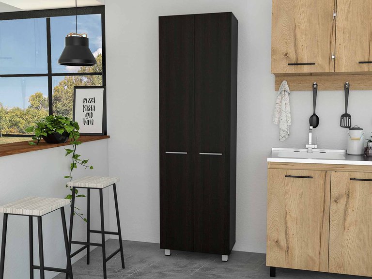 Pensacola Double Door Pantry Cabinet, Five Interior Shelves - Black Wengue