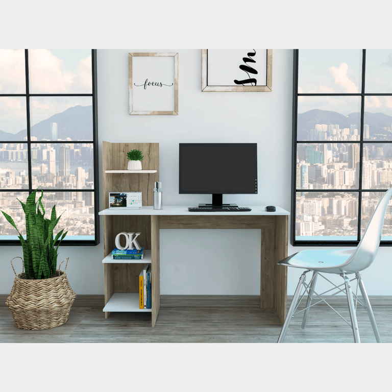 Tecoa Writing Desk, Four Shelves - White - Pine