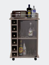 Vegas Bar Cart, Two Tier Cabinet With Glass Door, Six Cubbies For Liquor
