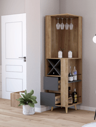 Ziton Corner Bar Cabinet, Two External Shelves, Two Drawers, Four Wine Compartments