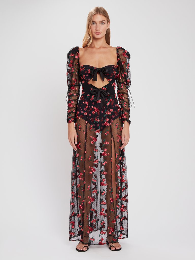 Blondie Embroidered Tulle Puff Sleeve Maxi Dress - Rose
