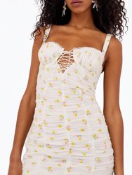 Celia Shirred Floral-Embroidered Lace-Up Open-Back Mini Dress - White Floral