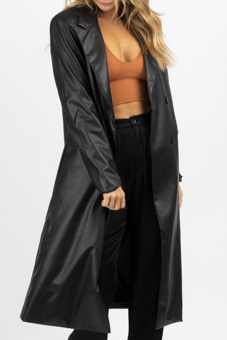 Faux Leather Relaxed Trench Coat In Black